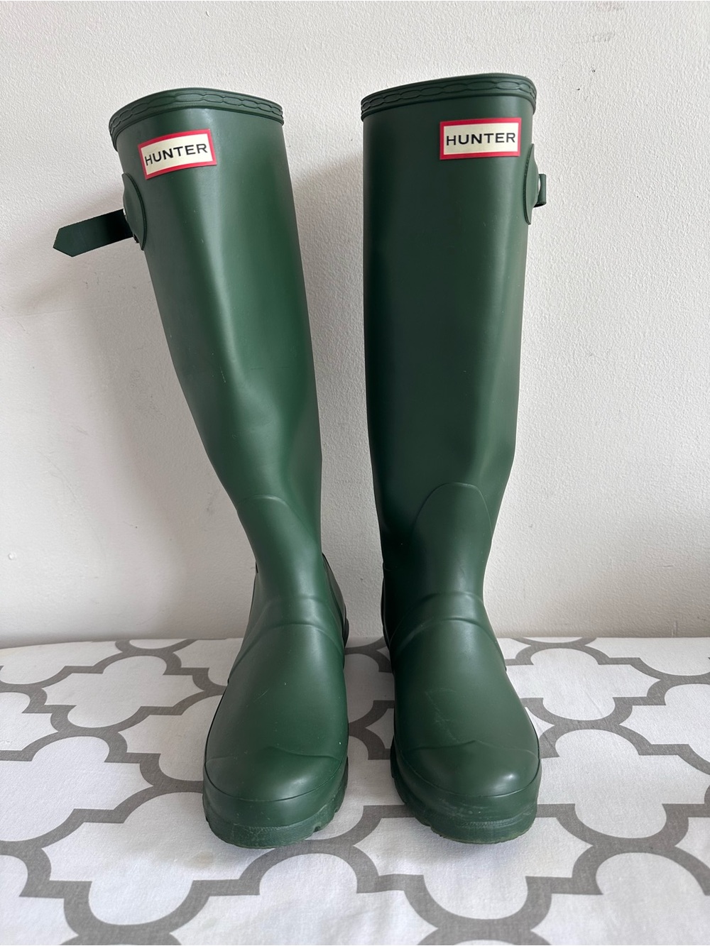 Hunter Green Rain Boots with Red and White Logo